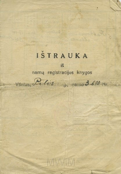 KKE 5435.jpg - (litewski-polski) Dok. Wyciąg z ksiąg rejestracyjnych/meldunkowych. Metryka Michała Katkowskiego ur. 17 VIII 1907 r. Syna Antoniego i Anieli z Aleksandrowiczów wydany przez komisariat w Wilnie dla Jana Małyszko, Wilno, 1940 r